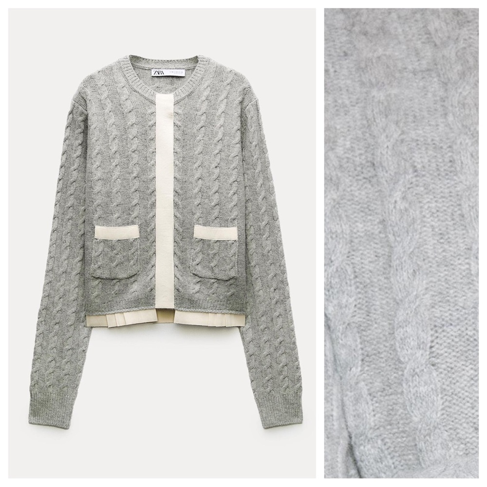 NWT. Zara Grey 100% Wool Cable-Knit Cardigan with Trims. Size L. - Picture 7 of 12